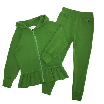Set cardigan cu volane si colanti din lana merinos extrafina Moss Green