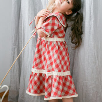 Rochie din in organic lunga Red Checks cu dantela