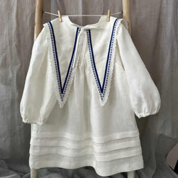 Rochie din in organic White cu guler tradițional detașabil