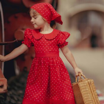 Set Rochie și Batic din in organic Red cu buline și fundă la spate