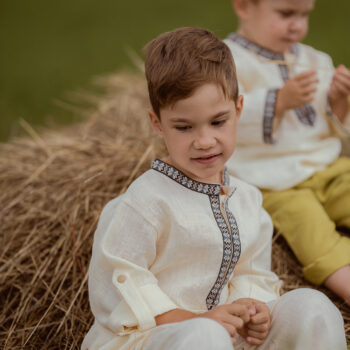 Set bluza si pantaloni lejeri din in organic cu model traditional - Cream